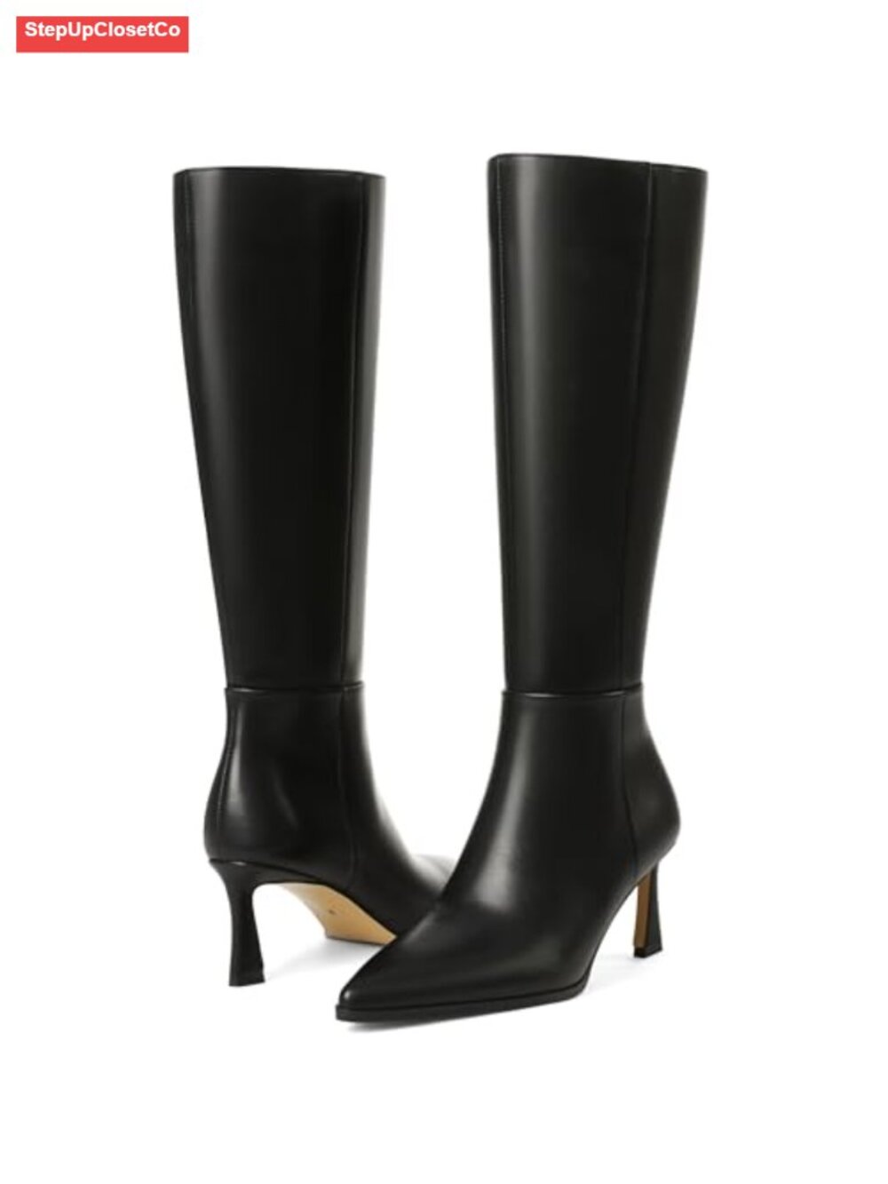 Kitten Heel Knee High Boots Pointed Toe Side Zipper Faux Leather Tall Boots - Picture 5 of 6